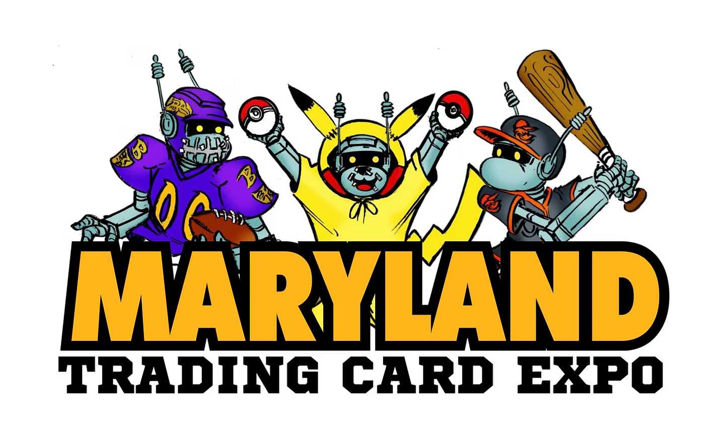 Maryland Trading Card Expo — robots with football, Pikachu-style Pokémon, and baseball